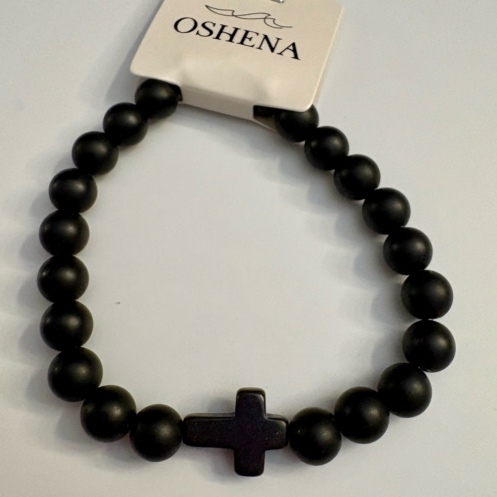 Stretchy Classic Cross Beaded Bracelet Made from Lava Stones. Waterproof!